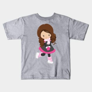 Ice Skating Girl, Cute Girl, Brown Hair, Scarf Kids T-Shirt